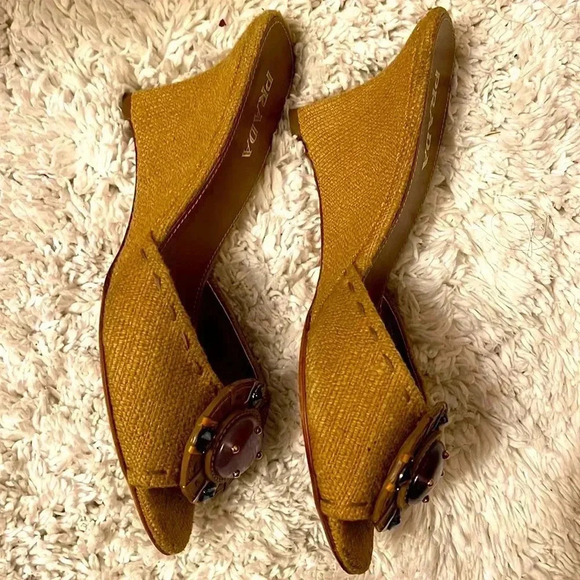 PRADA Calzature Donna Canvas Stone Embelished Wedge  Sandals size 37.5 /7 - Picture 5 of 7